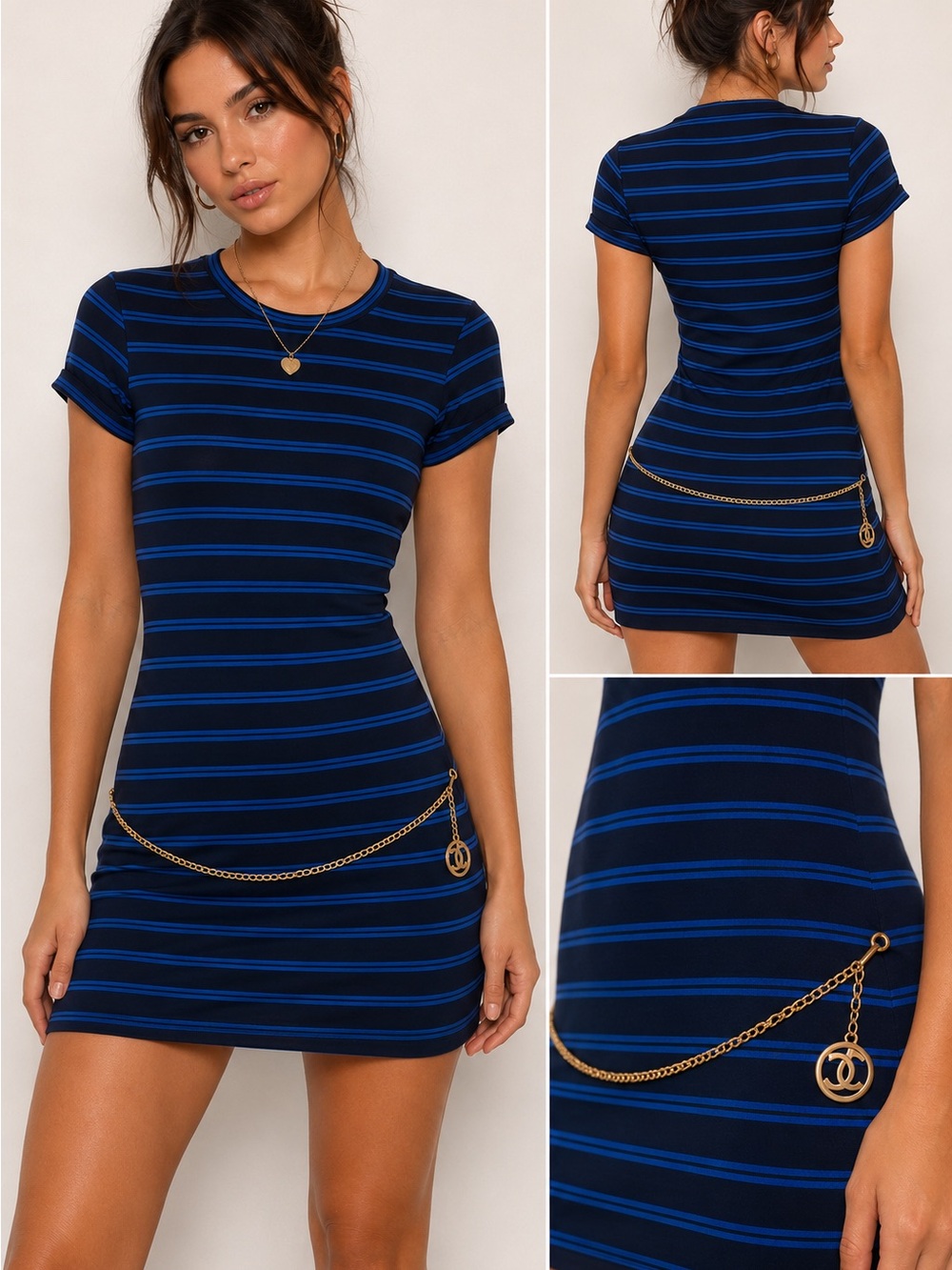 Juicy Couture Blue Stripe Mini T Shirt Dress w Gold Logo Chain Belt NWT XS